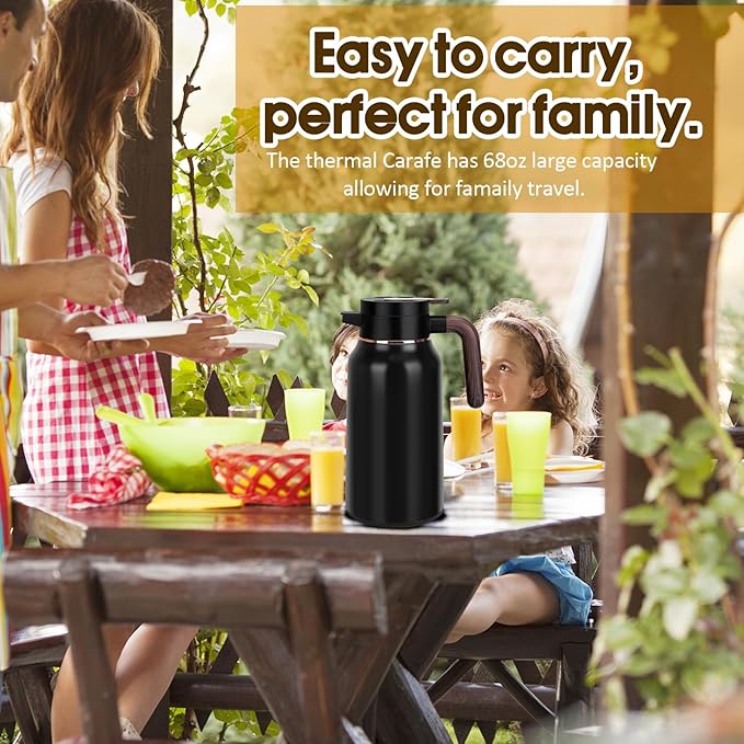 68oz Thermal Coffee Carafe, Stainless Steel Carafes for Hot Liquids 24 Hours, Insulated Coffee Carafes For Keeping Hot Coffee, Hot Water, Tea, Hot Beverage (2 Pack Black)