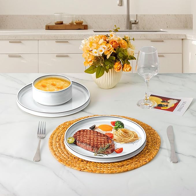 LIANYU Plates and Bowls Dinnerware Sets for 8, 24 Piece Stoneware Tableware Dishes Set Includes Dinner Dessert Plate Cereal Bowl, Rustic Terracotta Underside, Dishwasher & Microwave Safe, Lucent White