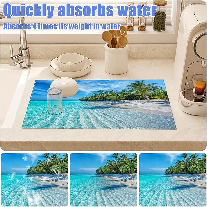 Beach Palm Tree Dish Drying Mat for Kitchen Counter Drying Pad Absorbent Reversible Dish Drainer Rack Mats Draining Pad 18"x24"Inch