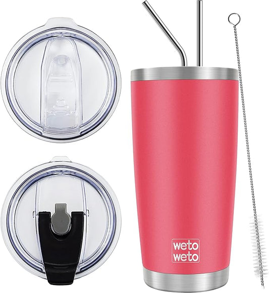 WETOWETO 20oz Tumbler with 2 lids and 2 straws, Stainless Steel Vacuum Insulated Water Coffee Tumbler Cup, Double Wall Powder Coated Spill-Proof Travel Mug Thermal Cup (Watermelon Red, 1 Pack)