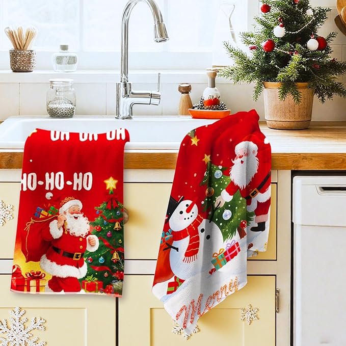 2PC Christmas Kitchen Towels,Red Dish Towels Xmas Absorbent Christmas Towels Decoration Winter Holiday Snowman Housewarming Gift for Kitchen Hand Towel 18 x 27 Inch