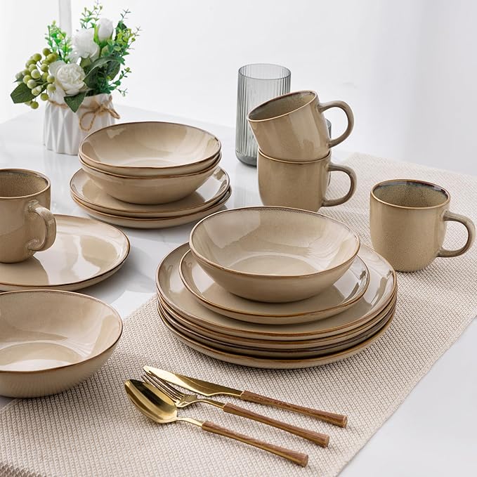 AmorArc Ceramic Dinnerware Sets,Handmade Reactive Glaze Stoneware Plates and Bowls Set,Highly Chip and Crack Resistant Dishware | Dishwasher & Microwave Safe Dishes,Service for 4 (12pc)