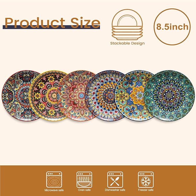 Salad Plate Set of 6, 8.5 Inch Dinner Plates for Salad, Pasta, Dessert,Steak, Appetizers Colorful Bohemian Style Dishes for Kitchen