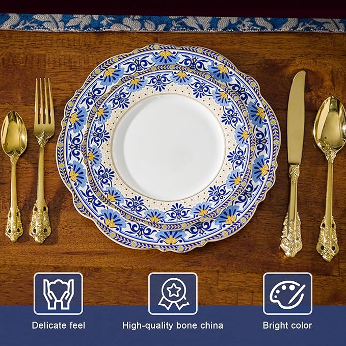 ACMLIFE 12-Piece Bone China Dinnerware Set, Blue and White Vintage Floral Dinnerware Set Service for 4, Lightweight Plates and Bowls Set with Gift Box (Blue-B)
