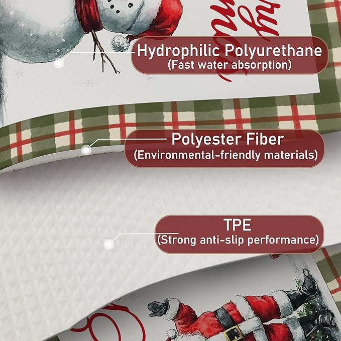 Red and Green Plaid Christmas Dish Drying Mat, Christmas Tree Santa Snowman Coffee Bar Mat for Countertops, Retro Xmas Absorbent Dish Drying Mats for Kitchen Counter Coffee Maker, 16x24 Inch