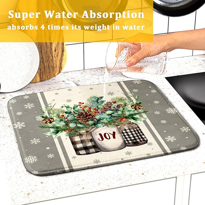 Winter Christmas Dish Drying Mat 16x18 for Kitchen Counter Xmas Joy Poinsettia Flower Berry Snowflake Absorbent Microfiber Fast Dry Dishes Draining Mats Holiday Kitchen Decor