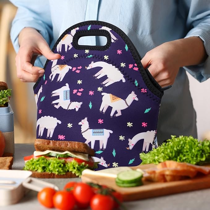 Violet Mist Lunch Bag, Alpaca Pattern, Neoprene Material, 11.42"L x 10.43"H x 5.51"W, 8.7 inches deep, fits containers up to 7"L x 6"W, Machine Washable
