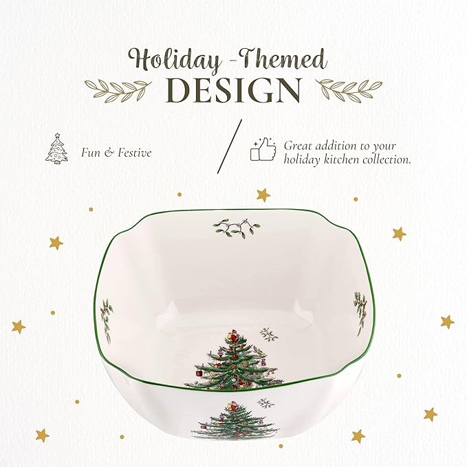 Spode Christmas Tree 10-Inch Square Serving Bowl - Durable Porcelain Bowl for Appetizers & Holiday Dishes - Iconic Christmas Design with Green Trim - Microwave & Dishwasher Safe for Festive Gatherings