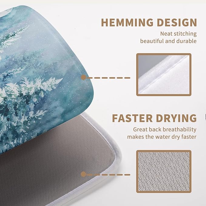 Winter Blue Snowman Dish Drying Mat Christmas Pine Tree Large Kitchen Mats Dish Drying Pad Xmas Absorbent Dish Dryer Mat for Kitchen Countertops Microfiber Drainer Pad Dish Drying Mats (18x24 in)