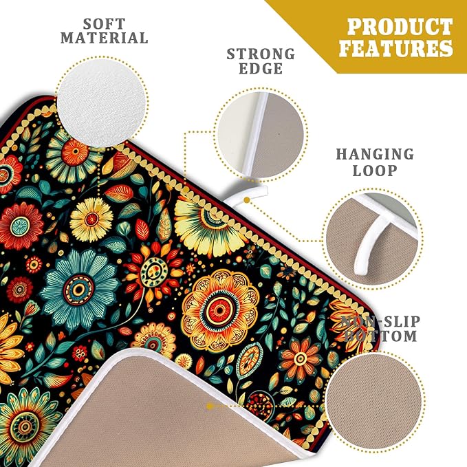 Bohemian Style Flowers Drying Pad Boho Floral Dish Drying Mat for Kitchen Counter Absorbent Microfiber Drainer Rack Mat