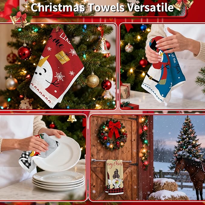 Christmas Kitchen Towels Xmas Decorative Towel - Tea Hand Towel Snowman Truck Towel Absorbent Set with Hanging Loop for Dish Garden Farmhouse Bathroom Holiday Decor, 4 Pcs