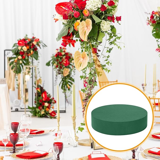 6 Sets Round Floral Foam and Clear Plastic Saucer Plant Drip Tray Floral Flower Dish Green Foam for Artificial Flowers Wedding Home Party Decoration (7.5 Inches)
