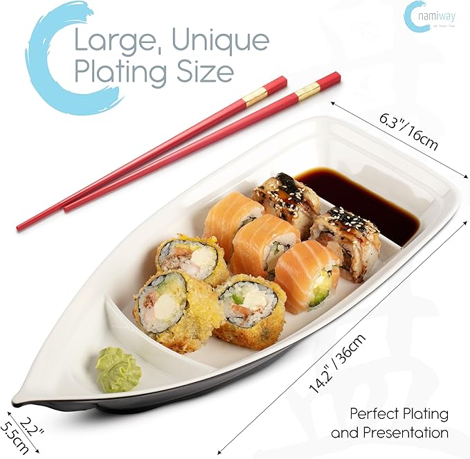 Sushi Boat Serving Tray - Set of 2 Elegant Serving Dishes - Nearly Unbreakable Melamine Plastic Plate - Top Dishwasher Safe