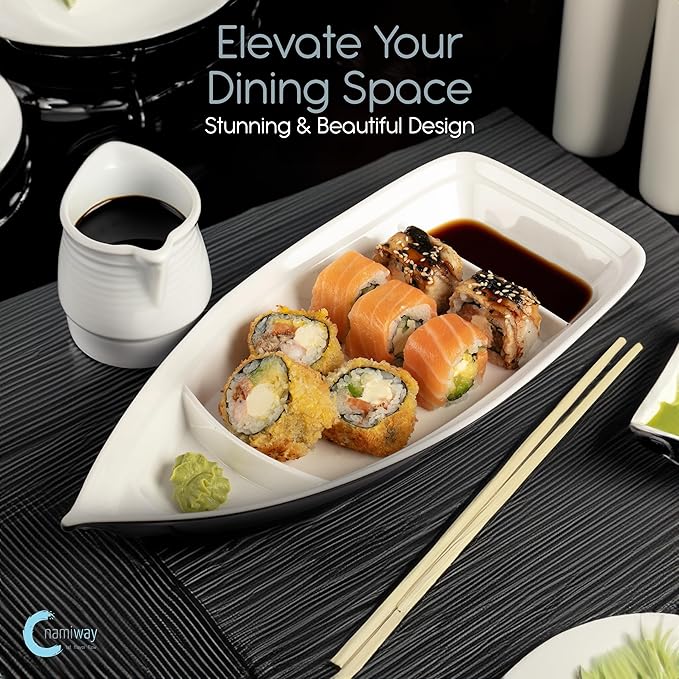 Sushi Boat Serving Tray - Set of 2 Elegant Serving Dishes - Nearly Unbreakable Melamine Plastic Plate - Top Dishwasher Safe