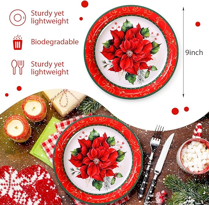 Zhehao 100 Pcs Christmas Paper Plates 9 Inch Disposable Plates Bulk Red and Green Poinsettia Christmas Party Decoration for Xmas Candy Dinner Plate Party Wedding Event Supplies
