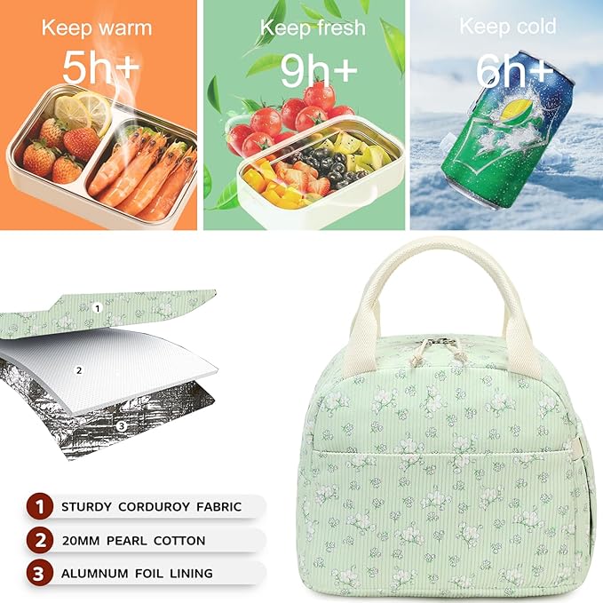 Bluboon Lunch Bag for Women Men Cute Corduroy Lunch Tote Bags Reusable Insulated Lunch Box Large Capacity Reusable Insulated Cooler for Work Picnic or Travel
