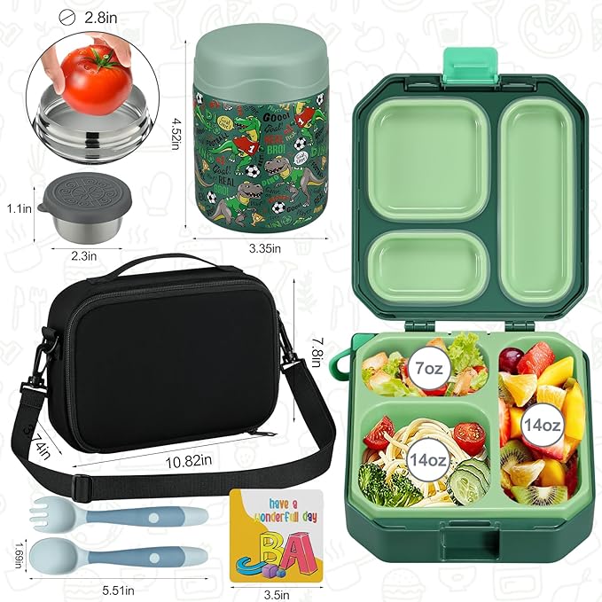 Bento Lunch Box for Kids with 12oz Soup Thermo Leak-Proof Lunch Food Container with 5 Compartment Thermo Hot Food Jar and Insulated Lunch Bag for Kid Toddler Girls Boys to School