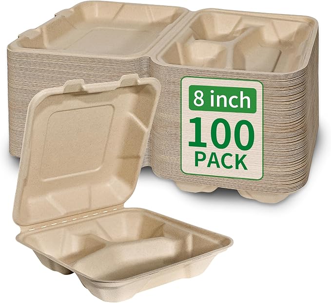 Aricsen Compostable 100 Pack 8x8 Inch 3 Compartment Takeout Lunch Box Containers with Lid To Go Take Out Clamshell for Food, Disposable Eco-Friendly Biodegradable Bagasse, PFAS-Free, Unbleached Brown