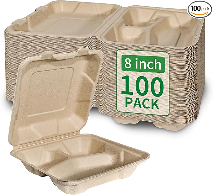 Aricsen Compostable 100 Pack 8x8 Inch 3 Compartment Takeout Lunch Box Containers with Lid To Go Take Out Clamshell for Food, Disposable Eco-Friendly Biodegradable Bagasse, PFAS-Free, Unbleached Brown