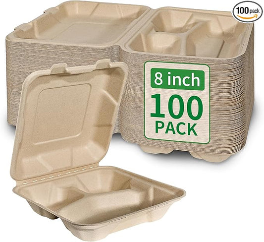 Aricsen Compostable 100 Pack 8x8 Inch 3 Compartment Takeout Lunch Box Containers with Lid To Go Take Out Clamshell for Food, Disposable Eco-Friendly Biodegradable Bagasse, PFAS-Free, Unbleached Brown