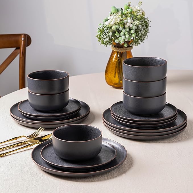 LERATIO Stoneware Dinnerware Sets for 6,Handcarft Ceramic Plates and Bowls Sets,Chip and Scratch Resistant Dishes, Dishwasher & Microwave Safe, Oven safe,Reactive Glaze-Speckled Ashen