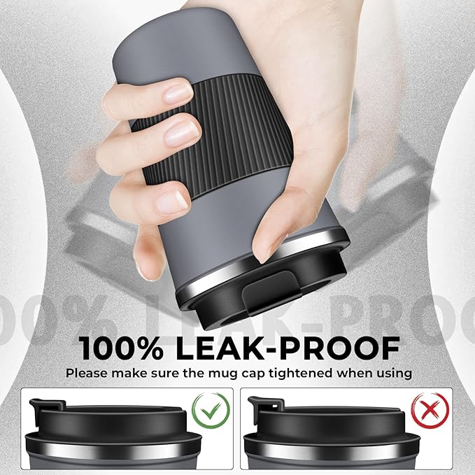Insulated Coffee Tumbler 12 oz, Stainless Steel Coffee Mug with Lids, Travel Coffee Mug Leak Proof, Double Wall Vacuum Insulated Reusable Coffee Cup, Keep Drinks Hot and Cold (Gray, 12 Ounces)