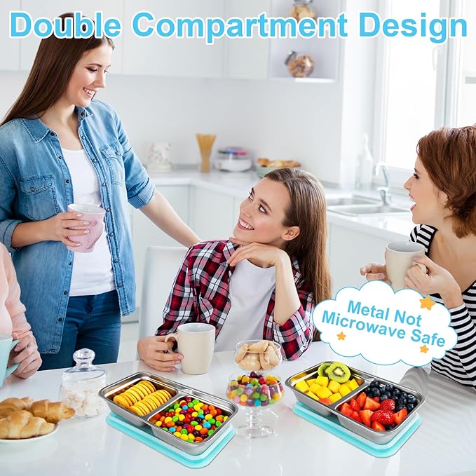 Zkptops 4Pcs Grab and Go Snack Containers Stainless Steel Reusable Snack Condiment Box with Lids Double Compartment Food Storage Container Dishwasher Divided Lunch Meal Container for School Travel