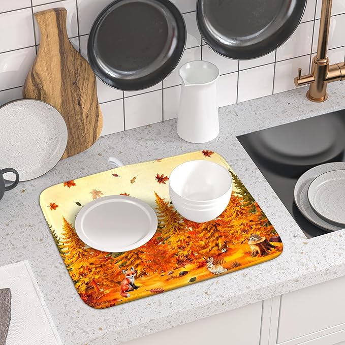 Autumn Drying Matt Kitchen Counter Small Absorbent Coffee Mat Fall Forest Microfiber Drying Mat for Holiday Decor