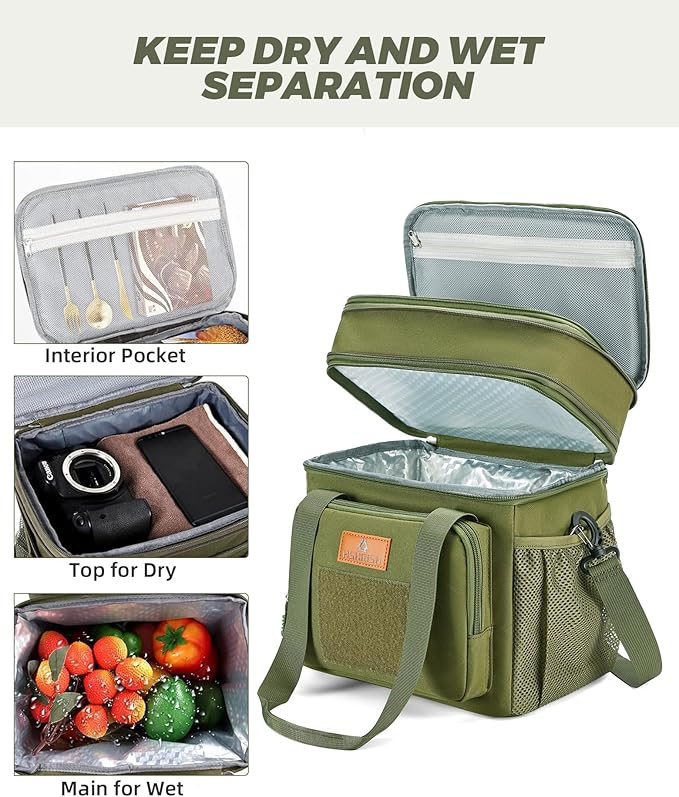 Tactical Lunch Box, Large Expandable Insulated Lunch Bag, Durable Leakproof Cooler Bag for Men/Women/Adults/Work Office Outdoor Picnic Trip,15 L, Army Green, HSHRISH