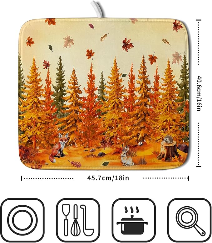 Autumn Drying Matt Kitchen Counter Small Absorbent Coffee Mat Fall Forest Microfiber Drying Mat for Holiday Decor