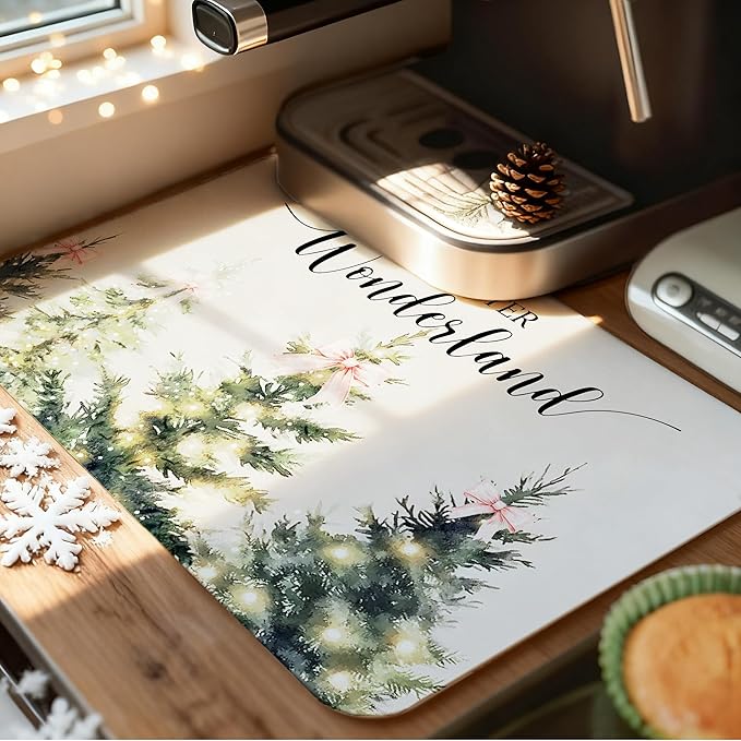 Winter Christmas Tree Dish Drying Mat, Pink Bow Xmas Tree Coffee Bar Mat for Countertops, Vintage Christmas Absorbent Dish Drying Mats for Kitchen Counter Coffee Maker, 16x24 Inch