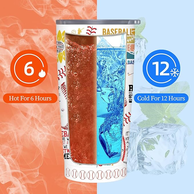 Baseball Tumbler Cup With Lid - Lover Birthday Gifts, Stainless Steel Vacuum Coffee Mug for Women Men, 20 Oz