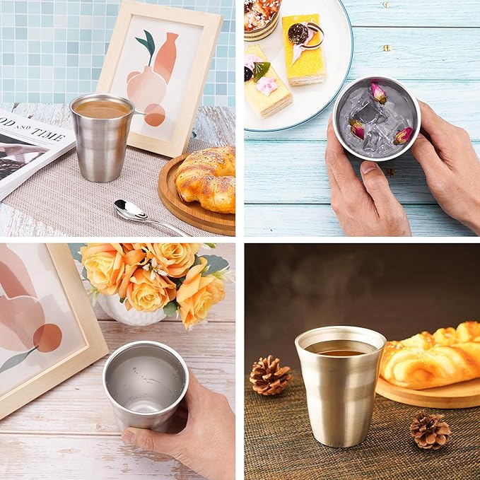 Beasea Metal Cups 8 oz Set of 4, Stainless Steel Cup 8 oz Double Wall Stackable Small Mini Glasses Insulated Drinking Tumblers for Home Restaurant Office Camping Party