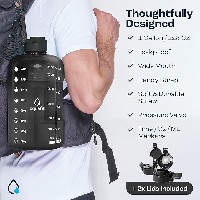 AQUAFIT 1 Gallon Water Bottle with Time Marker - Straw & Chug Lid - BPA Free Gym Water Bottle with Straw - Big Gallon Jug (Forest Fade, 128 oz - 2 Lids)