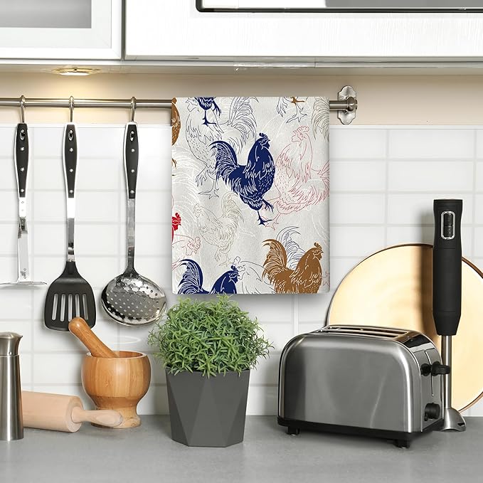 Rooster Chicken Kitchen Towel Set of 2 Soft Absorbent Decorative Hand Towels Farmhouse Kitchen Decor Tea Towels Farmhouse Dish Towels for Kitchen Drying Bathroom Holiday Home Decor 16"x24"