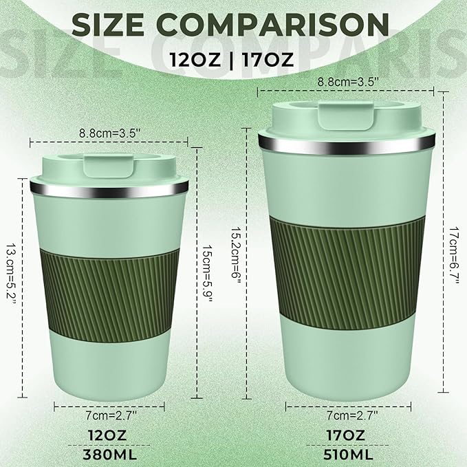 Insulated Coffee Tumbler 12 oz, Stainless Steel Coffee Mug with Lids, Travel Coffee Mug Leak Proof, Double Wall Vacuum Insulated Reusable Coffee Cup, Keep Drinks Hot and Cold (Light Green, 12 Ounces)