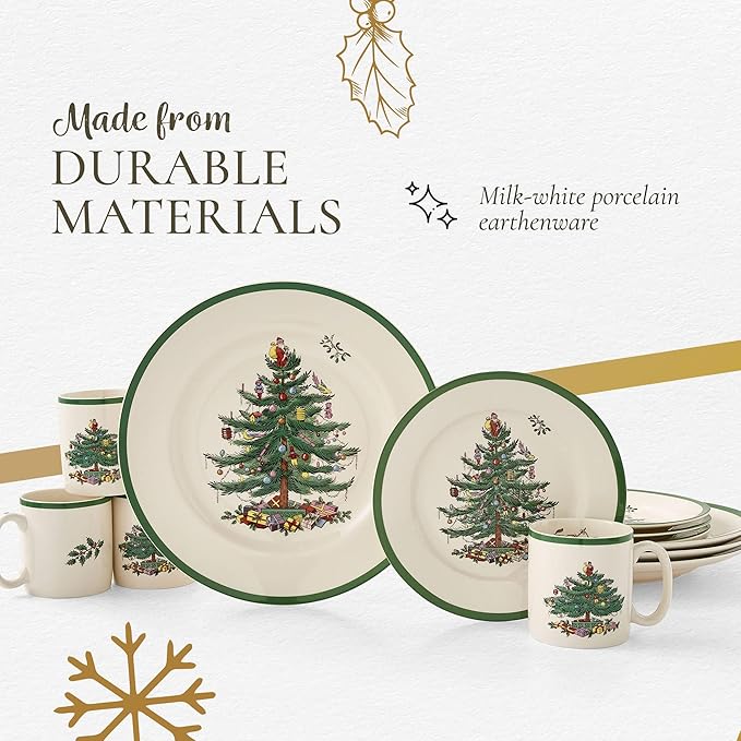 Spode Christmas Tree 12-Piece Dinnerware Set (Service for 4) - Festive Holiday Tableware with Plates & Mugs - Fine Earthenware Christmas Dinnerware - Microwave & Dishwasher Safe
