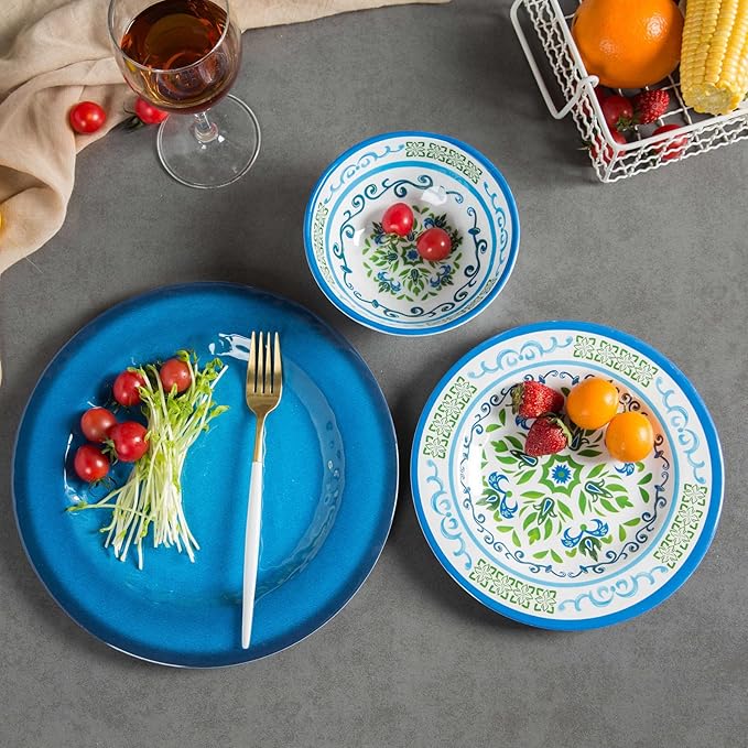 Melamine Dinnerware Sets 12 Pcs, Melamine Plates, Party Plates and Bowls Sets, Camping Dishes Set for 4, Unbreakable, BPA-Free, Dishwasher Safe （Green flowers）