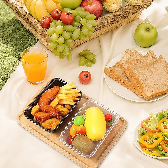 Sawysine 100 Pcs Plastic Meal Prep Containers Food Storage Containers Reusable Lunch Bowls with Lid Stackable Disposable Lunch Boxes 1 Compartment Bento Box (Black and White,25oz)