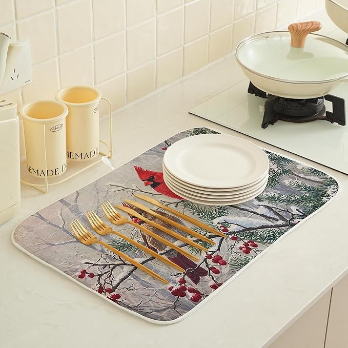 Christmas Dish Drying Mats 18x24 Inch Snow Red Bird Drying Mats Xmas Farmhouse Winter Holiday Kitchen Decor Absorbent Drying Pad Rack Drainer Mats for Kitchen Dining Room Counter