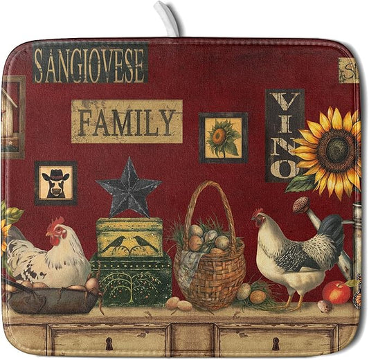 Vintage Rooster Dish Drying Mats 16x18 Inch,Farmhouse Country Hen Chicken Sunflower Microfiber Absorbent Quick-Dry Drainer Rack Sink Protector Pad for Kitchen Counter Decor
