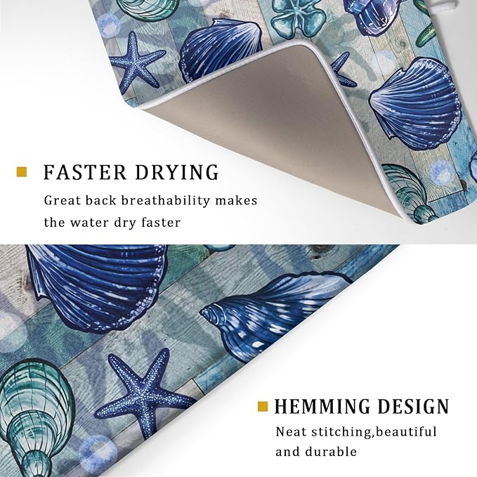 Starfish Seashell Dish Drying Mat 18x24 inch Coastal Beach Dish Drainer Rack Pad Absorbent Microfiber Fast Dry Kitchen Counter Accessories