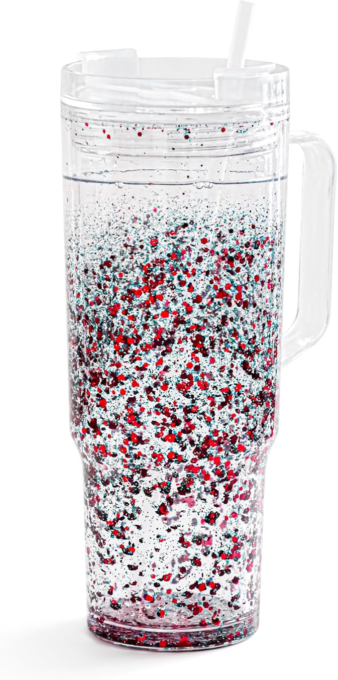 AGH 40 oz Snow Globe Tumbler with Handle,Pre-Drilled Double Wall Vacuum Reusable plastic Water Bottle Travel Mug Cup for Smoothie, Cocktail Beer, Soda, Fruit Juice