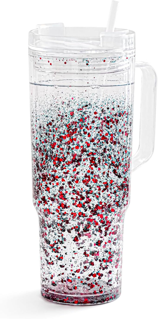 AGH 40 oz Snow Globe Tumbler with Handle,Pre-Drilled Double Wall Vacuum Reusable plastic Water Bottle Travel Mug Cup for Smoothie, Cocktail Beer, Soda, Fruit Juice