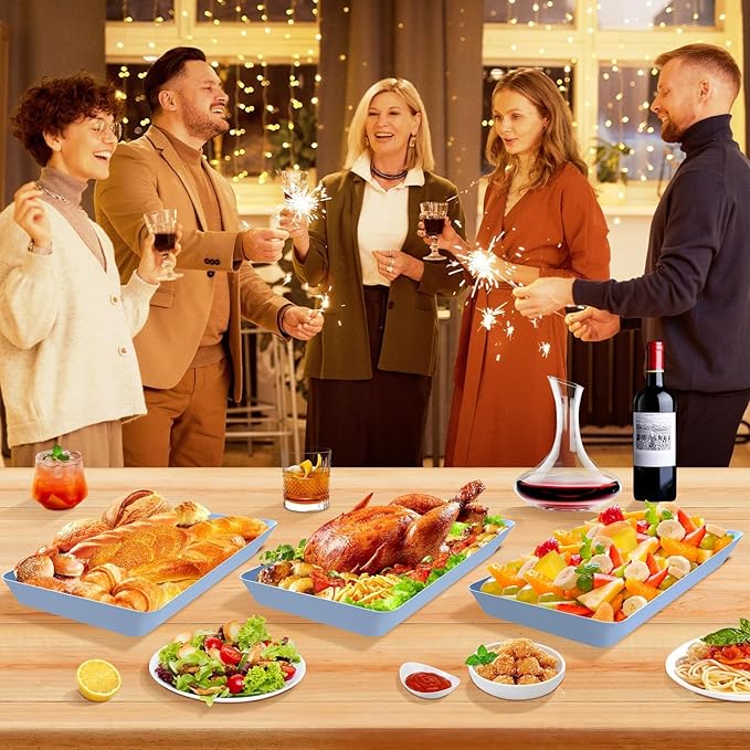 WOWBOX 6 pcs Serving Tray for Entertaining, Serving Platters for Snacks, Fruit, Cookies, Dessert, Reusable Plastic Trays for Serving Food and Pantry Organization in Kitchen & for Parties, (Blue)