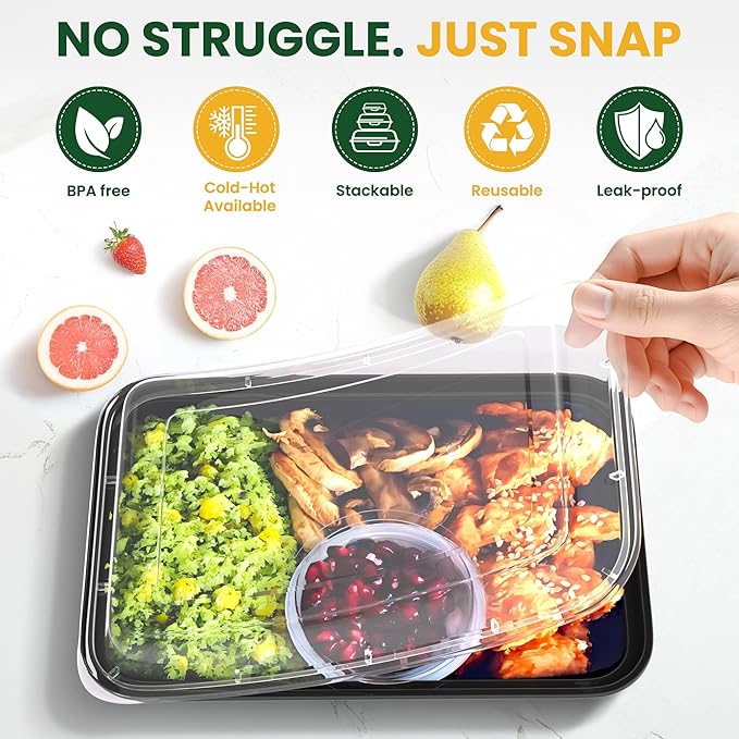 38oz Meal Prep Containers [50-Pack], Reusable Bento Box with Easy-Snap Leakproof Lids - Microwave, Dishwasher & Freezer Safe Food Storage, BPA-Free Plastic Lunch Containers (Black)