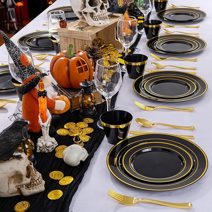 WELLIFE 600 PCS Black and Gold Disposable Dinnerware Set for 100 Guests, Gold rimmed Plastic Dinner Plates,Salad Plates,Cups,Silverware Set for Party Supplies and Halloween Party