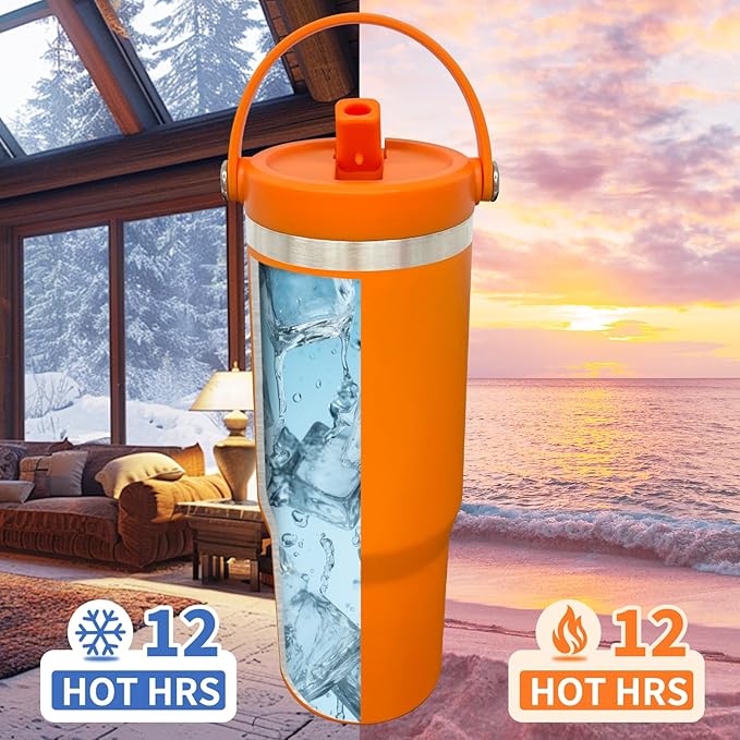 30 oz Tumbler with Handle, Double Wall Vacuum Insulated Tumblers with Flip Straw, Coffee Mug 30oz Powder Coated Cup for Hot and Cold Drinks(Orange,8 pack)