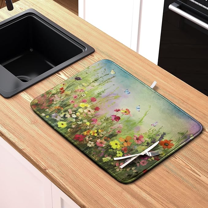 Spring Floral Dish Drying Mat for Kitchen Counter 18x24 Inch Sage Green Wild Flowers Drying Mats Spring Summer Plant Microfiber Absorbent Large Dish Rack Pad for Coffee Bar Sinks Home Accessories
