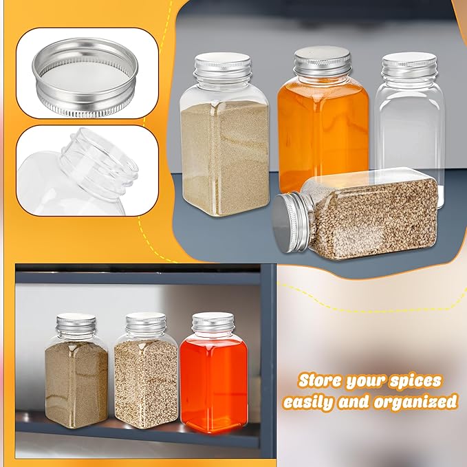 20 Pack 6 oz Plastic Spice Jars with Metal Lids Reusable Salt Pepper Shaker with Lids Clear Empty Square Spice Containers Seasoning Bottles for Kitchen Storage